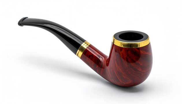 A close-up of a pipe with a curved stem, a wooden bowl, and gold accent