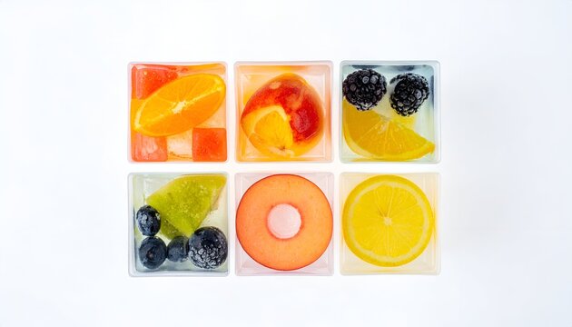 Overhead shot of six clear plastic cubes, each containing sliced fruits in vibrant colors