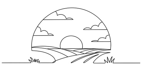 Simple line art of rolling hills and sun setting inside a dome shape with clouds © DCB Line Stocker