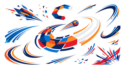 Obraz premium Dynamic Abstract Speed Motion Graphic Elements Set, featuring vibrant geometric shapes and energetic lines. Modern design accents conveying velocity, movement, and visual impact for creative projects