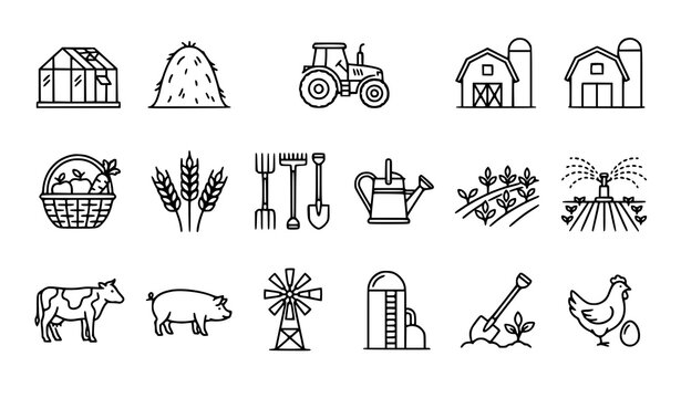Farming Outline Web Icons Set with Greenhouse Haystack Harvest and Rural Agriculture Symbols