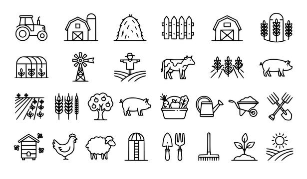 Farm and Agriculture Outline Icon Set with Farming Greenhouse Harvest and Rural Symbols
