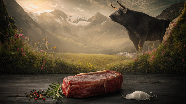Luxury Alpine Bull Landscape Mockup With Premium Organic Ribeye Steak Atmosphere 5