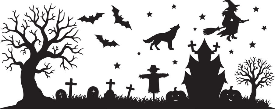 Spooky Halloween Silhouette Illustration Featuring a Haunted House, Flying Bats, and Gnarled Dead Trees on a Plain Background. Minimalist Vector Graphic for Seasonal Holiday Decor.