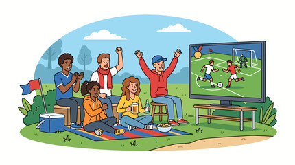 Fototapeta premium Excited soccer fans cheering while watching a match on a large screen outdoors, enjoying a picnic on a sunny day