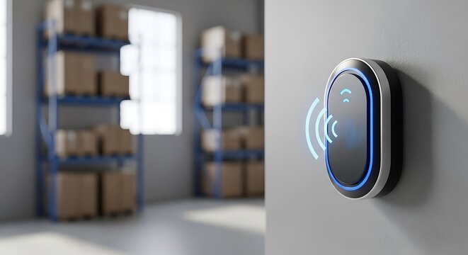 Bluetooth beacon mounted on a warehouse wall with an active wireless signal indicator for inventory tracking and modern asset management automation