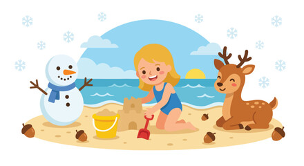 Fototapeta premium A young girl happily builds a sandcastle on a snowy beach, accompanied by a snowman and a friendly deer under a winter sun.