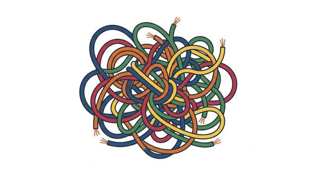A tangled mess of colorful electrical wires and cords.