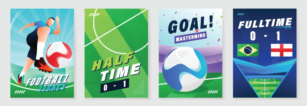 Football poster vector set. Global football championship templates for video thumbnails, advertising banners, social media posts, event flyers and print or digital promotion.