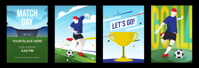 Obraz premium Football poster vector set. Global football championship templates for video thumbnails, advertising banners, social media posts, event flyers and print or digital promotion.