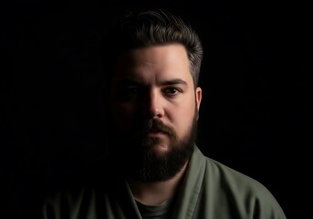 Obraz premium Portrait of a Man with a Beard, Lit Dramatically from the Front Against a Dark Background