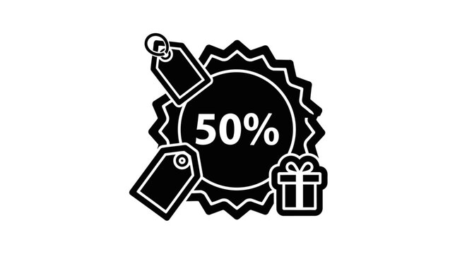 50% Off Sale Tag Icon with Gift Box and Price Tags - Discount Offer