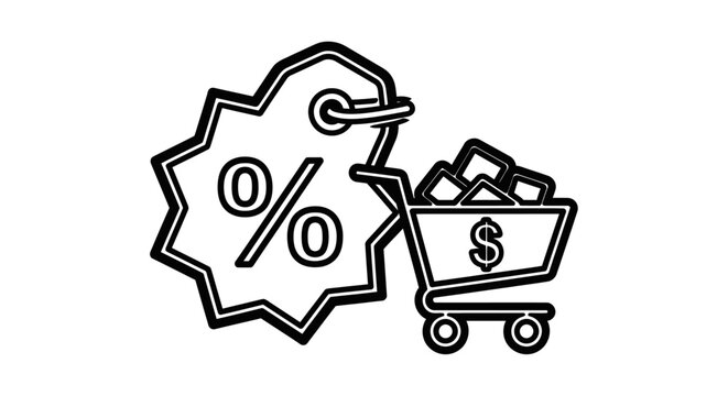 Shopping cart with dollar sign and discount tag with percentage symbol, online shopping concept