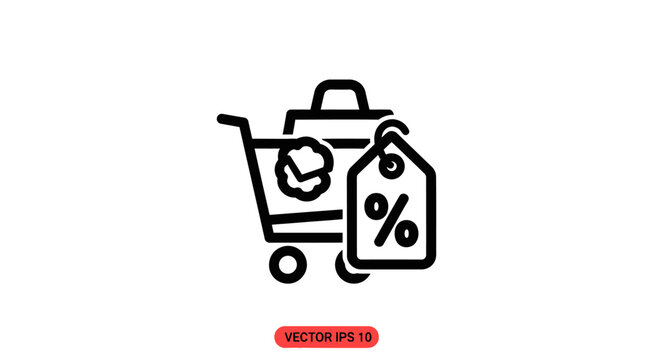 Shopping cart icon with discount tag, sale and promotion concept, vector illustration