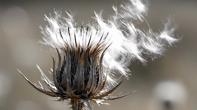 Dried thistle head with soft white seeds and sharp spikes.