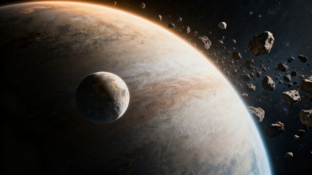 Planet with moon and asteroids in space