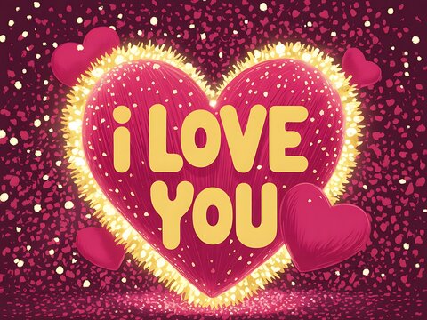 Valentines day heart with i love you text on red background with hearts