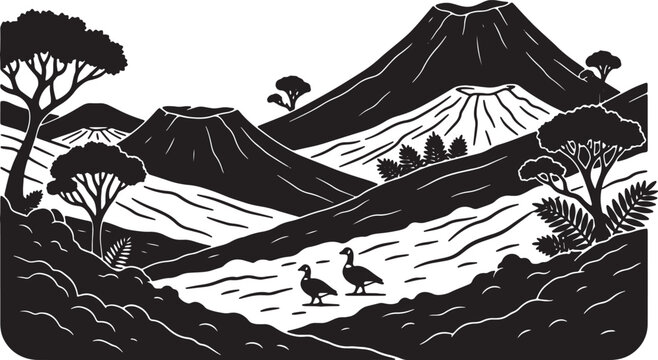 Silhouette illustration of an erupting volcano with smoke and lava flow, minimalist black mountain shape isolated on a white background, geological volcanic peak vector design.