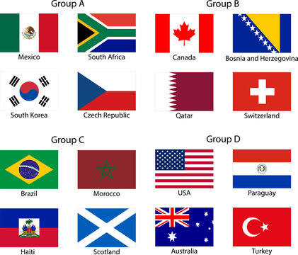 World Cup 2026 groups A, B, C and D national flags set. Football championship tournament grid with country names vector illustration.