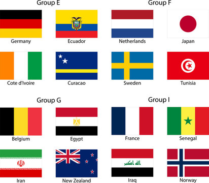 World Cup 2026 groups E, F, G and I national flags set. Football championship tournament grid with country names vector illustration.