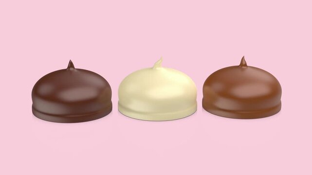 White, milk, and dark chocolate coated marshmallows on a shiny rose background