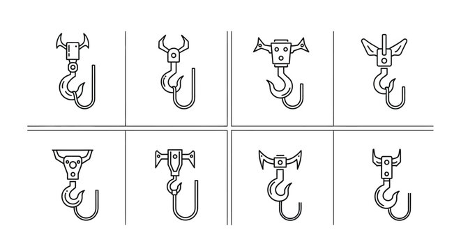 Collection of industrial crane hooks and rigging hardware, line art icons