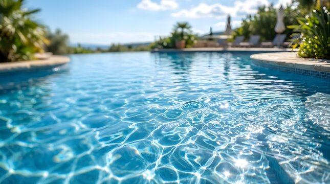 Blue water in a sunny luxury resort swimming pool with blurry deck background
