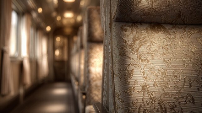 Ornate velvet seating inside a vintage luxury train carriage