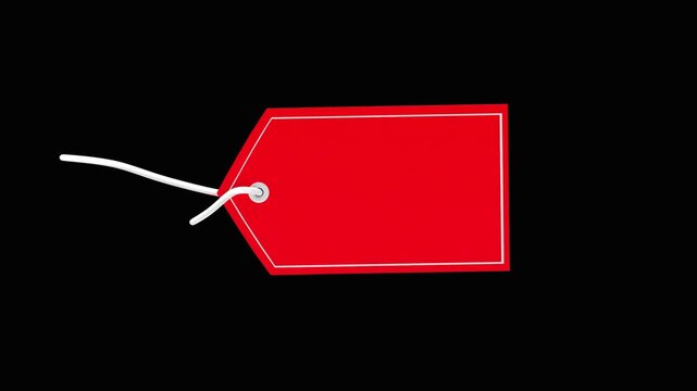 Red blank price tag with white string rotates and shifts on a black background, 3D animation