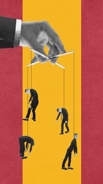 Puppet people animation controlled by hand in red and yellow collage scene. Concept of manipulation, workplace obedience, social control, power hierarchy, propaganda, and political satire.