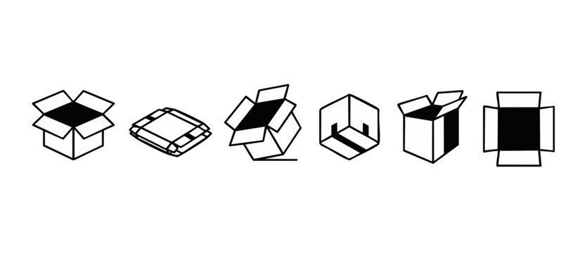 Cardboard box icon vector set depicting packaging open and closed delivery packages in simple minimalist black outline style for logistics cargo shipping and storage concept isolated on white backgrou