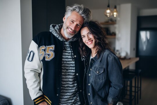Portrait of a joyful couple in their 40s sporting a stylish varsity jacket over modern minimalist interior
