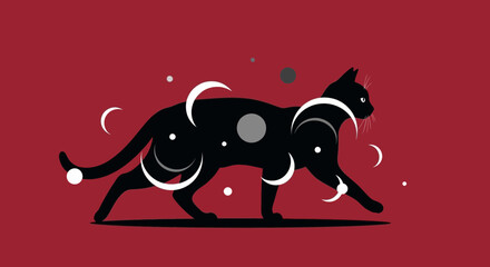 Minimalist Black Cat Illustration with Crescent Moon Shapes on Red Background © Faris Arkan