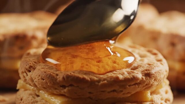 A spoonful of golden honey gracefully cascades over a warm, fluffy, freshly baked scone, creating a tempting and delicious sweet treat perfect for breakfast or dessert