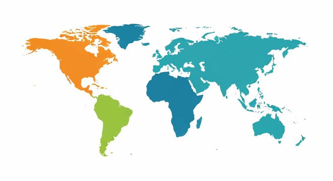 Colorful world map with distinct continental regions