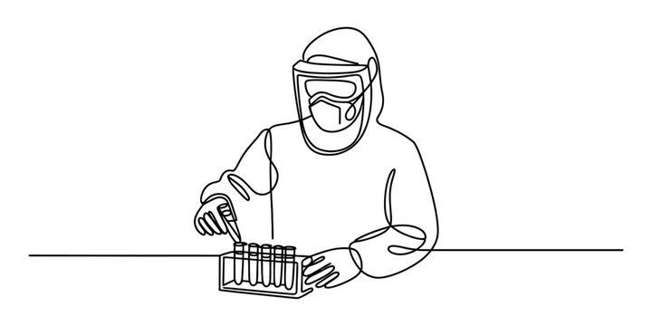 Continuous one line drawing of a scientist in protective gear working with test tubes in a laboratory setting for medical research and science experiments concept Vector, illustration