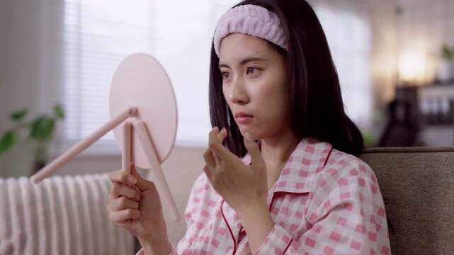Asian women morning routine skincare beauty at home checking face skin applying facial treatment with mirror in pink pajamas headband on cozy living room sofa