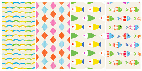 Fish And Diamond Patterns Colorful Vector Illustrations On Beige Background © Rahul