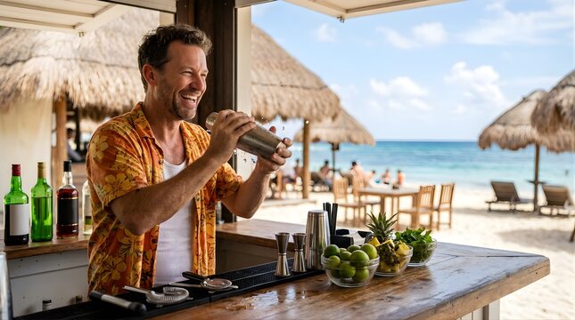 Happy bartender shaking cocktail in open beach bar at tropical resort
