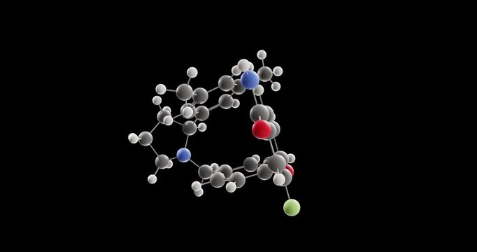 Aticaprant molecule, rotating 3D model of antidepressant, looped video on a black background

