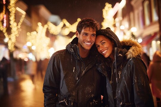 Portrait of a joyful multicultural couple in their 20s wearing a windproof softshell isolated in glittering city nightlife