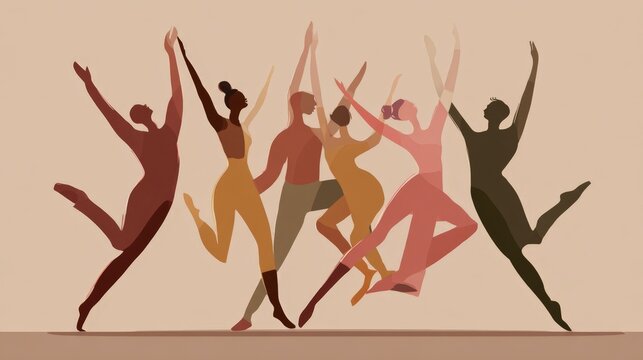 Silhouettes of dancers in joyful motion. Colors blend warmly against a soft beige backdrop. Each figure radiates energy, arms raised high. They leap with synchronized grace and rhythm
