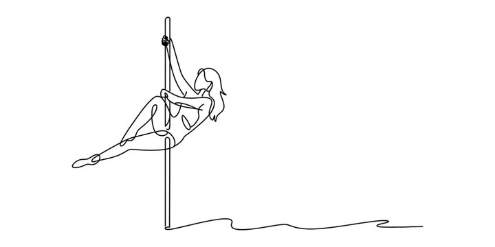 Continuous single line drawing of a woman performing a pole dance fitness exercise showing strength and flexibility in a minimalist black and white artistic illustration Vector, illustration