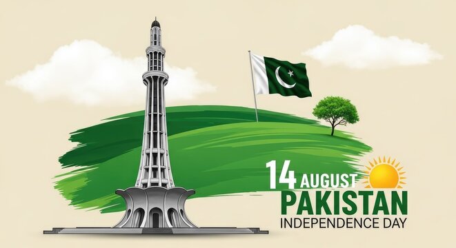 Pakistan independence day illustration with minar e pakistan and flag