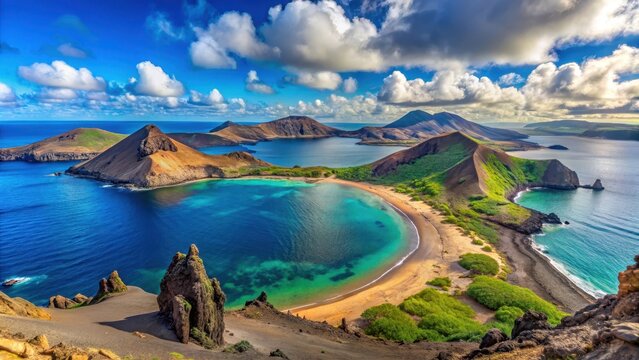 Beautiful panoramic view of bartolome island with clear blue waters