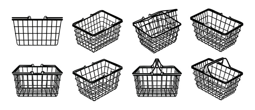 Shopping basket wire icon set of black retail supermarket grocery store empty metal baskets from different angles for consumer shopping, sales, e-commerce and retail design isolated on white backdrop.