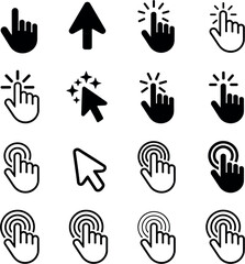 Obraz premium Click hand cursor icons, touchscreen gestures, tap pointers, mobile interaction, desktop navigation, UI symbols, website, touchscreen hand, UI, UX, web design, interface, vector icons