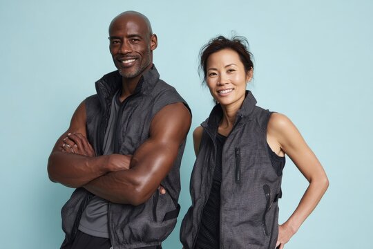 Portrait of a cheerful multicultural couple in their 40s wearing a lightweight running vest while standing against soft blue background