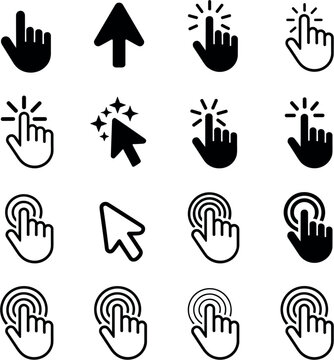 Click hand cursor icons, touchscreen gestures, tap pointers, mobile interaction, desktop navigation, UI symbols, website, touchscreen hand, UI, UX, web design, interface, vector icons