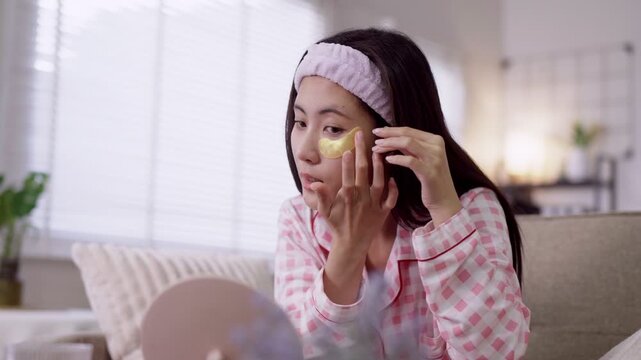 young Asian women applying eye mask patch facial treatment relaxing on sofa at home morning skincare routine beauty wellness selfcare ritual comfortable living